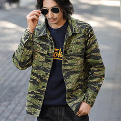 Threebooy  Spring Men's Tiger Stripe Camo Camouflage Cargo Shirt Fashion Work Engineer Long Sleeved Shirt Jacket With Double Pockets