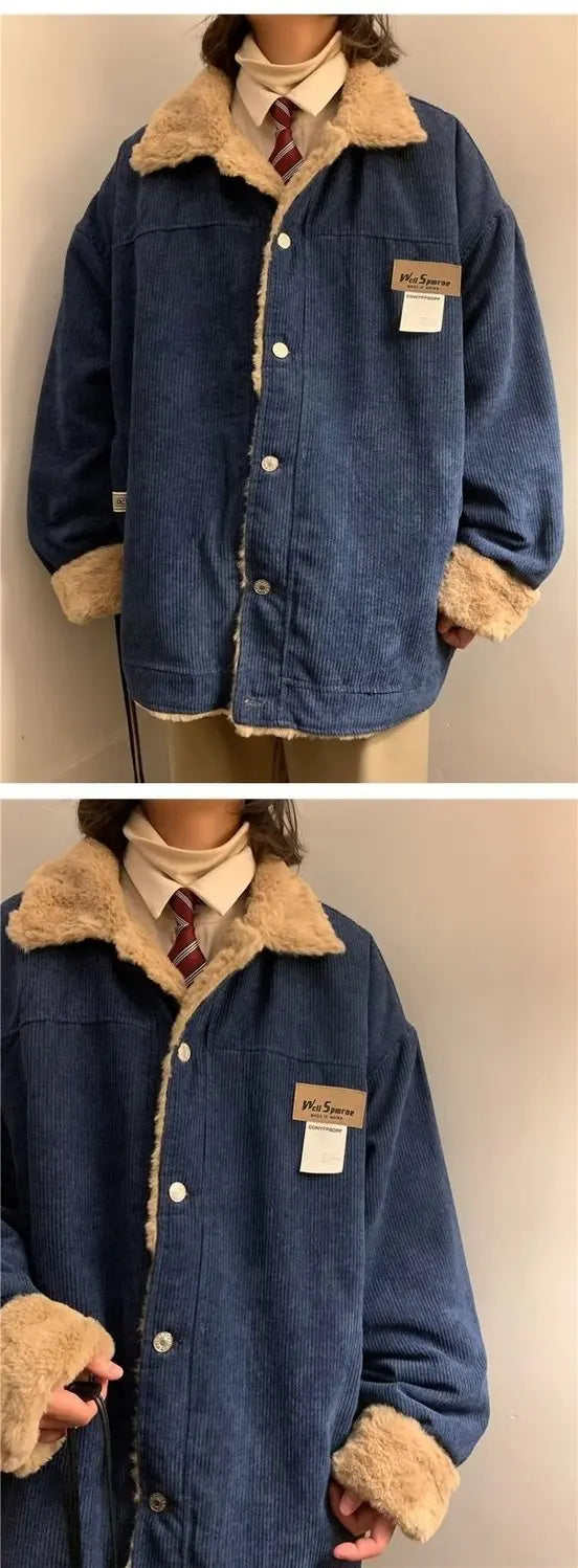 Threebooy Men's Retro Corduroy Padded Jacket Women Winter Loose Casual Thickened Cotton Turndown Collar Single-breasted Long Sleeves Tops