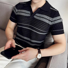 Threebooy New Fashion Hollow Out Polo Shirt Luxury Men's Clothing Korean Style Leisure V Neck Short Sleeve Patchwork Breathable Knitwear