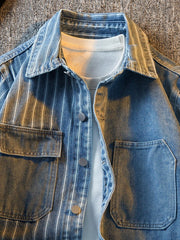 Threebooy American Striped Spliced Denim Jacket Men 2025 Autumn Trendy Handsome Men Women Casual Loose Work Shirt Jacket Aesthetic Chic