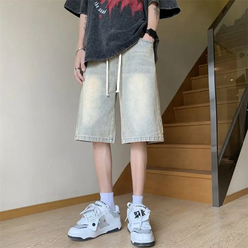 Threebooy  Loose Fit Denim Shorts men Elastic Waist Drawstring Washed Casual Summer Vintage Distressed Streetwear Comfort Stretch Fashion
