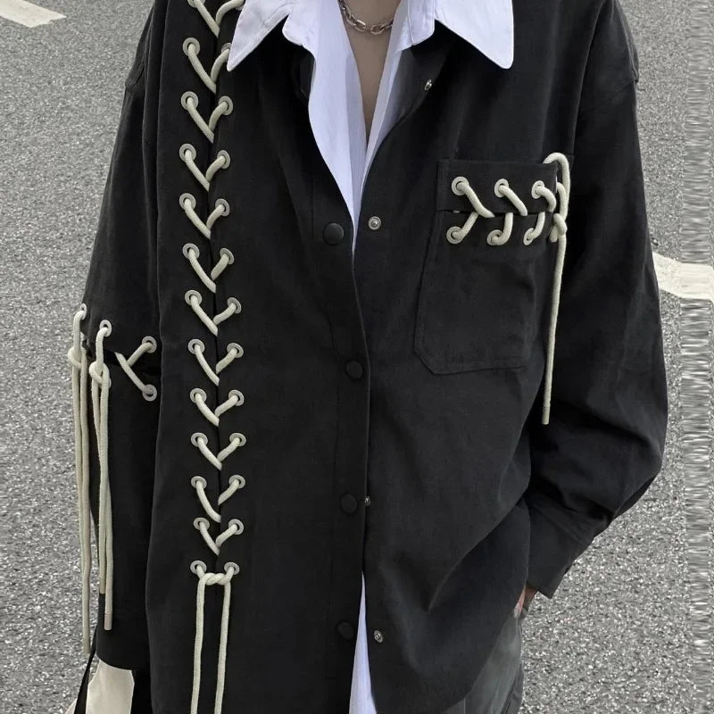 Threebooy Unisex Vintage Punk Black Shirt Coat Men Women Spring Autumn Japanese Harajuku Tie Rope Top Versatile High Street Shirt