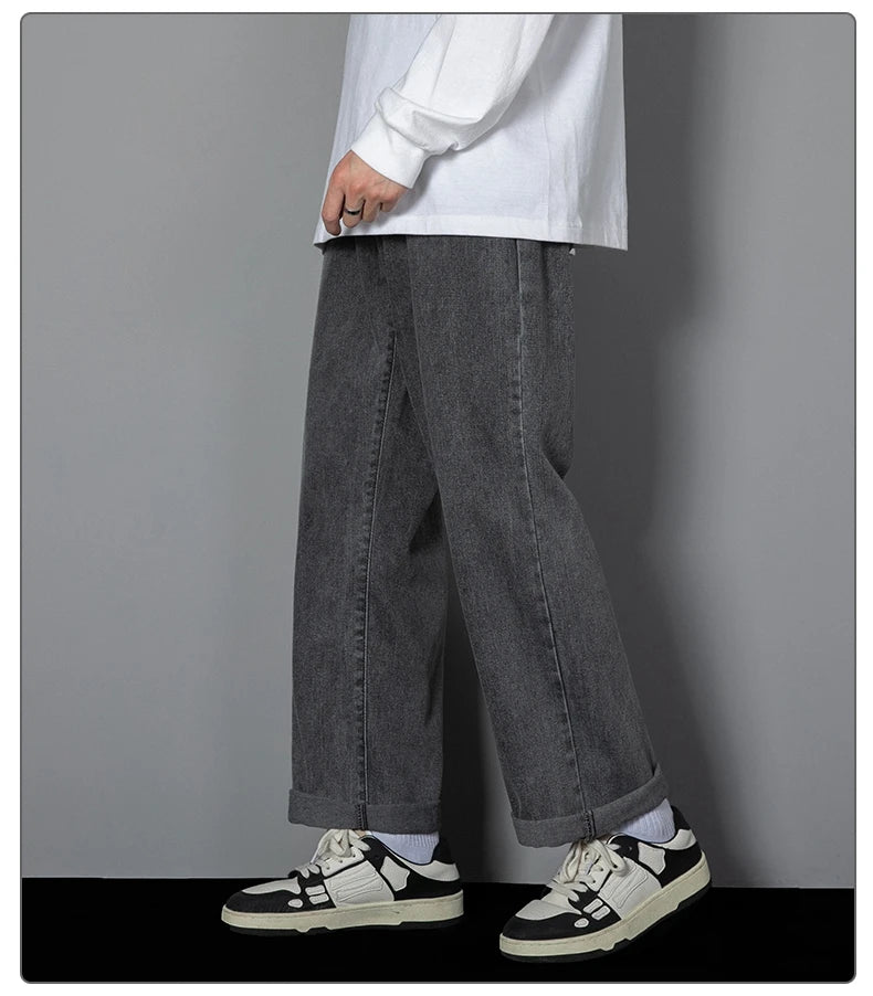 Threebooy 2025 New Korean Men's Casual Long Jeans Classic Man Straight Denim Wide-leg Pants Solid Color Light Blue Grey Black