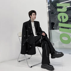 Threebooy Korean Street clothing fashion Spring Men's Irregular Hole Suit Dark Black Male Blazers Korean Fashion Lapel Outwear