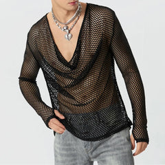 Threebooy Mens Sexy See-Through Mesh Long-Sleeved Top 2024 New Genderless Nightclub Individuality Youthful Thin Low-Cut T-Shirt Unisex