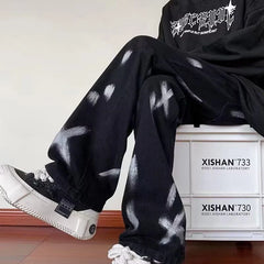 Threebooy American High Street Vibe Style Pants Trend Black Design Sense Tie Dyed Jeans Men'S Hiphop Straight Pants