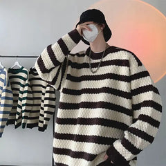 Korean style autumn and winter men and women trendy striped round neck knitted sweater for couples loose retro casual top y2k