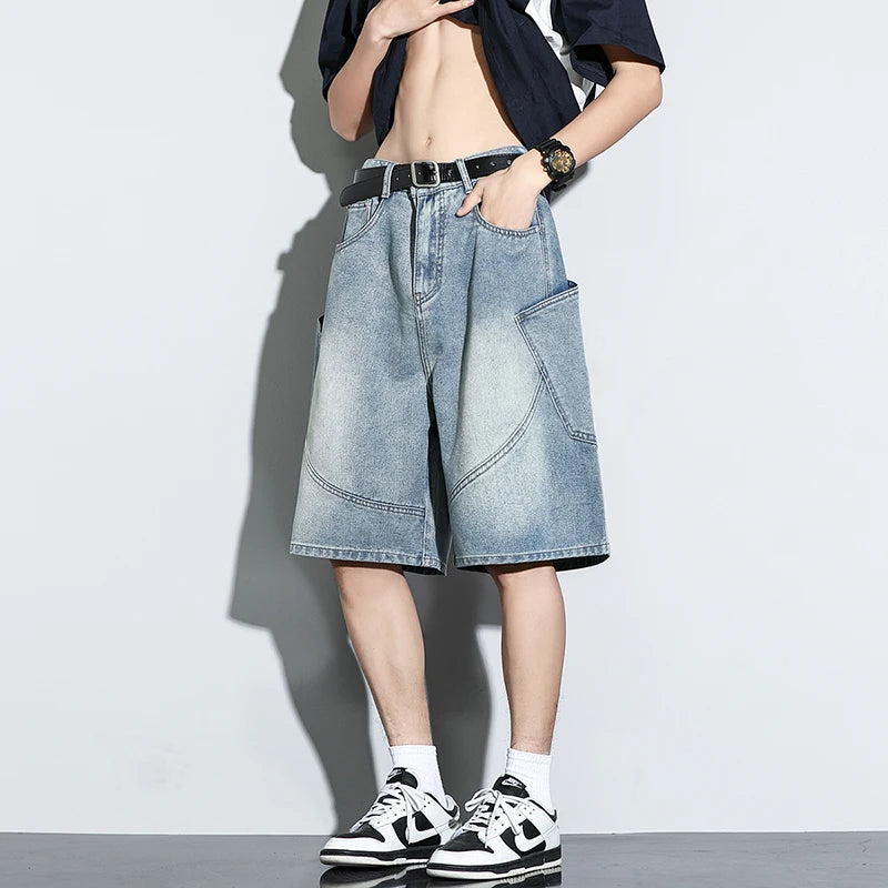 Threebooy  Summer New Baggy Denim Shorts Fashion Casual Straight Harajuku Jeans Male Vintage Wash Drawstring Short Pants Streetwear