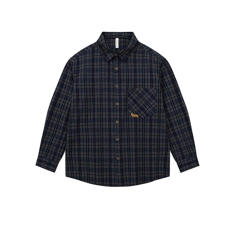 Threebooy  Spring Autumn Men's Long Sleeve Plaid Shirt Korean Embroidered Casual Washed Cotton Texture Plaid Tooling Shirt Jacket