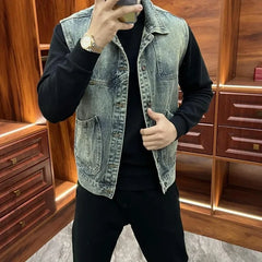 Threebooy  Vintage American Denim Vest for Men Loose Fit Collared Jacket with Zippered Pockets Layering Essential for Spring Autumn