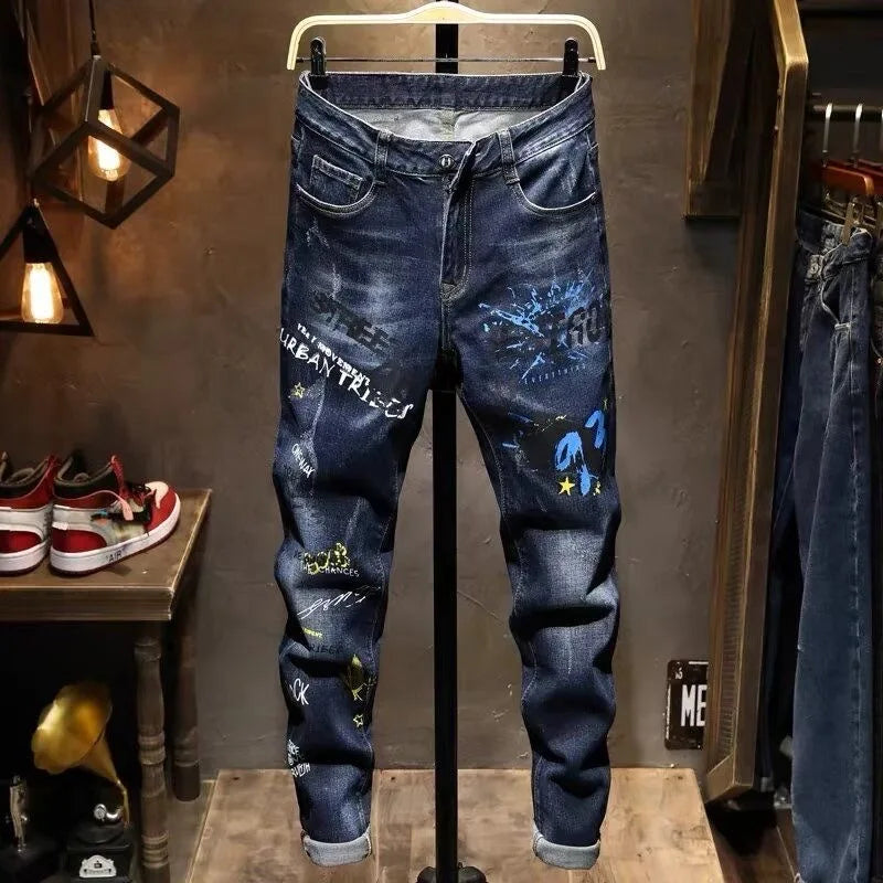 Threebooy  Spring and Autumn Fashion Trend Printed Straight-Leg Stretch Denim Jeans For Men Comfortable Casual Sports High-Quality Jeans