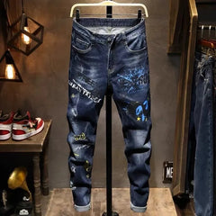 Threebooy  Spring and Autumn Fashion Trend Printed Straight-Leg Stretch Denim Jeans For Men Comfortable Casual Sports High-Quality Jeans