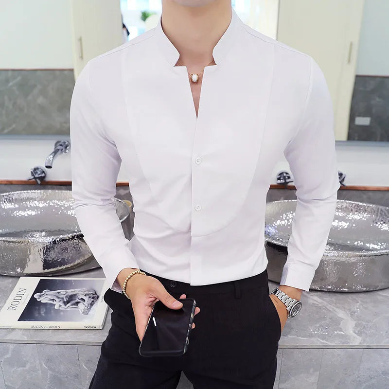 Threebooy  New Style Male Casual Dress Spring Long Sleeve Shirts/Men's High Quality Stand Collar Business Shirts/Plus Size S-5XL