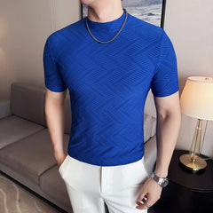 Threebooy  Men's Semi High Neck Short Sleeved T-shirt for Spring and Summer Fashionable and Versatile Slim Fit Jacquard T-shirt