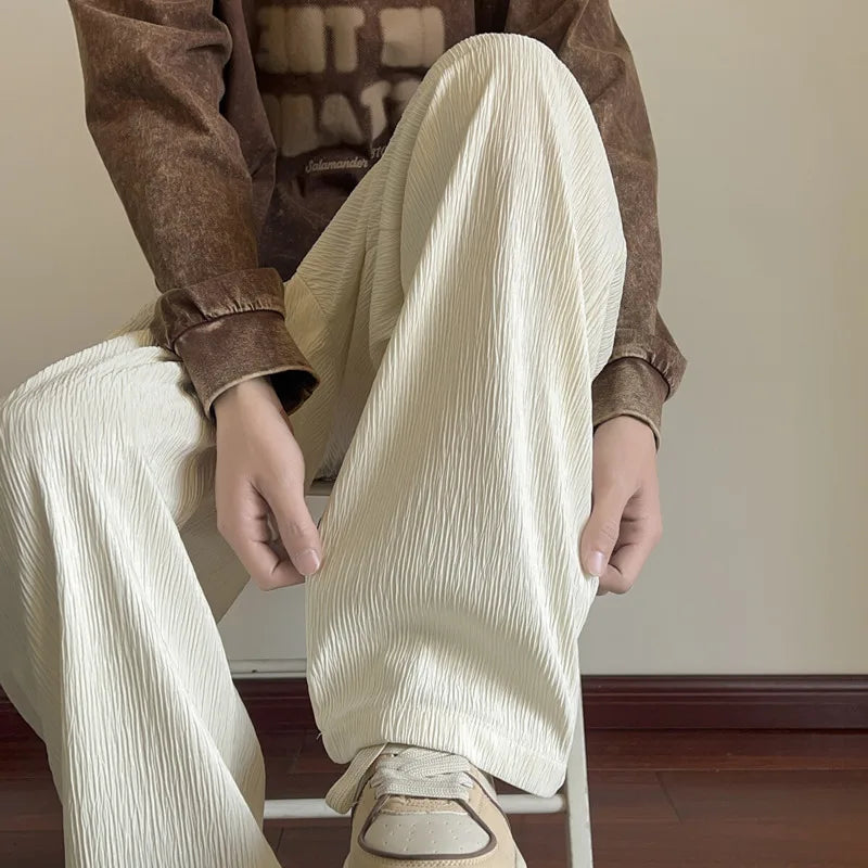 Threebooy  Summer Casual Pants Men Oversized Wide Leg Pants Men Japanese Streetwear Loose Ice Silk Pants Men Pleated Trousers M-3XL