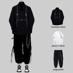 Threebooy Techwear Pant Sets Men Punk 3 Piece Outfits Black Cargo Pants Long Sleeve Shirts Korean Streetwear Hip Hop Spring