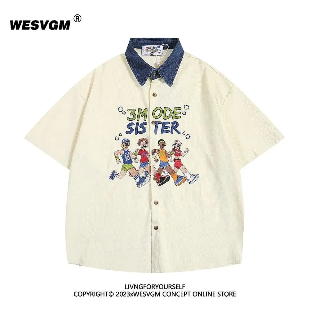 Threebooy  Summer American Retro Athlete Embroidered Spliced denim Neck Short-sleeved Shirt Men Women Loose Trendy Tops Aesthetic Chic