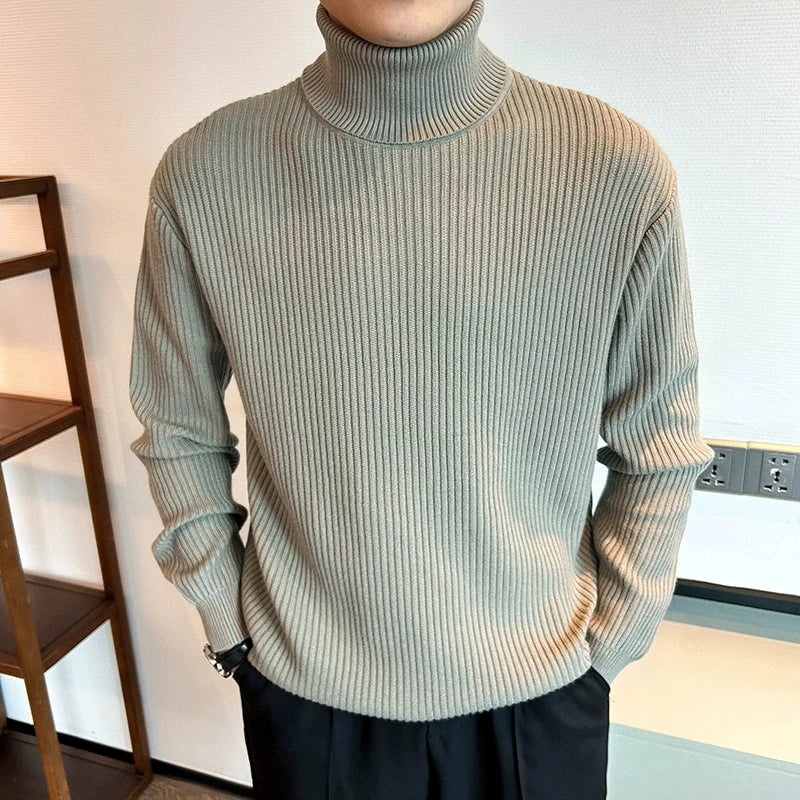 Threebooy  New Korean Retro Men Basic Sweater Luxury Knit Solid Color Turtleneck Long Sleeve Pullover Casual Textured High Quality Knitwear