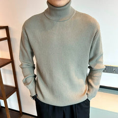 Threebooy  New Korean Retro Men Basic Sweater Luxury Knit Solid Color Turtleneck Long Sleeve Pullover Casual Textured High Quality Knitwear