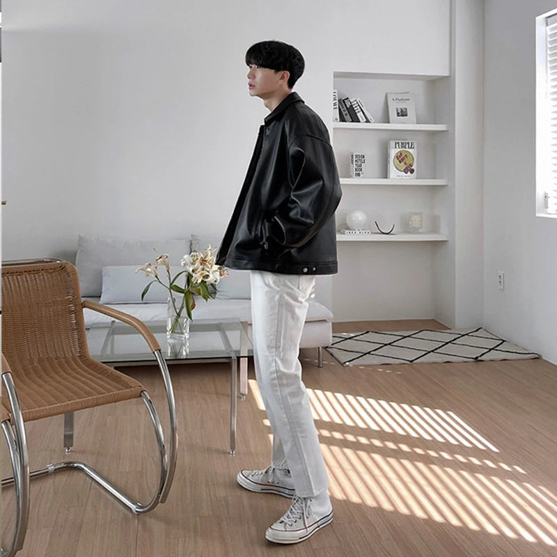 Threebooy  New Men's Casual Textured PU Leather Jacket Fashion Zipper Turn-down Collar Long Sleeve Coats High Quality  Korean Style Outfits