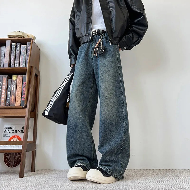 Threebooy Men's Wide Leg Curved-Knife Jeans Summer American Bamboo Pattern Striped Texture Design Men Trendy Denim Pants 2025 Baggy Jeans