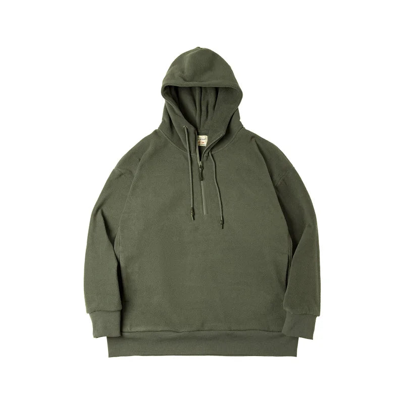 Threebooy Autumn Vintage Half Zip Fleece Hoodie Men's Dark Grey Warm Padded Sweatshirt Amekaji Army Green Oversize Pullover