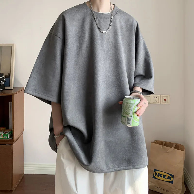 Threebooy  Summer T Shirt Men Oversized Solid Color Retro T Shirt Men Streetwear Hip-hop Loose Short Sleeved T-shirt Mens Suede T shirt