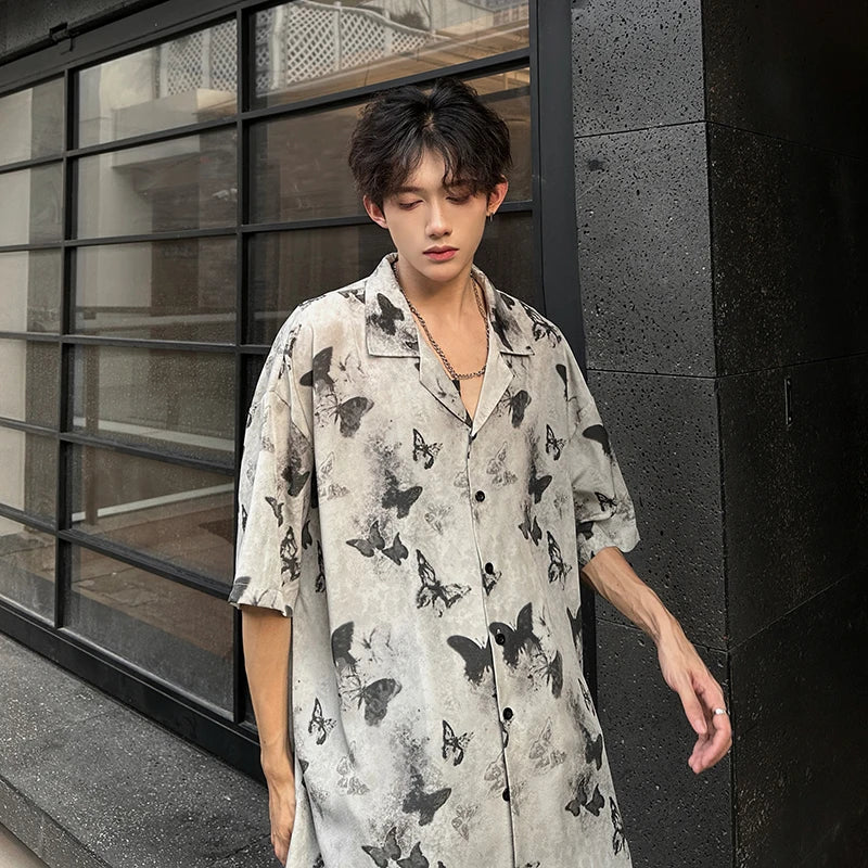 Threebooy Summer Butterfly Printed Tie-dye Shirt Men Windsor Collar Loose Casual Short Sleeve Shirts Oversize Streetwear Boy Girl Blouses