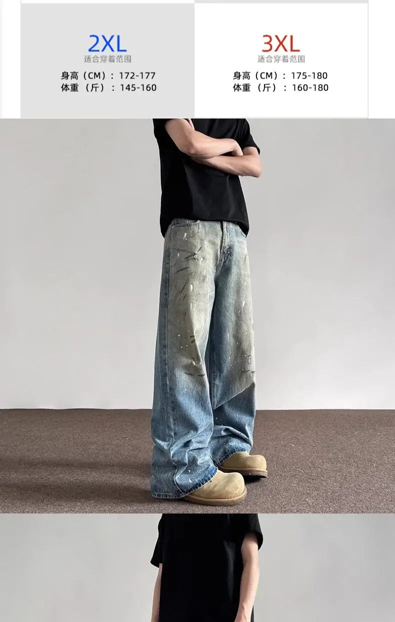 Threebooy Spring and Autumn Men and Women Trendy Personalized Straight Tube Inkjet Laundry Jeans American Couple Loose Retro Casual Pants