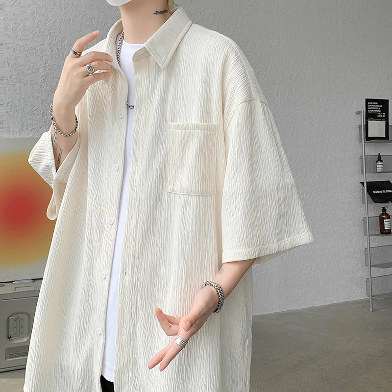 Threebooy Wine Red Side Buttons Pleated Shirt Black Apricot Harajuku Button Up Korean Short Sleeve Aesthetic Male Shirts Men Blouse