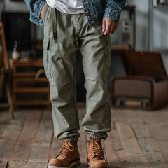 Threebooy  American Style Heavyweight Washed Multi-Pocket Work Pants Men's Spring Autumn Loose Cuffed Casual Trousers Comfortable Fit