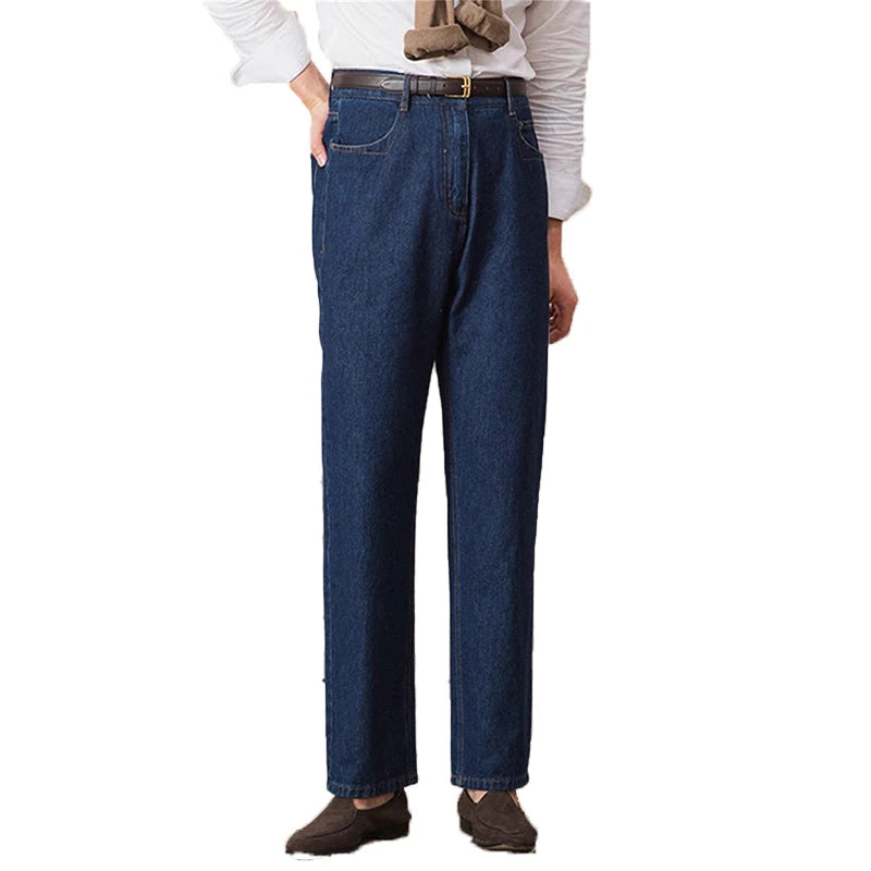 Threebooy  Luxury Naples Slim High Waist Denim Pants Fashion Navy American Retro Premium Elegant Jeans Men's Leisure Commuting Trousers
