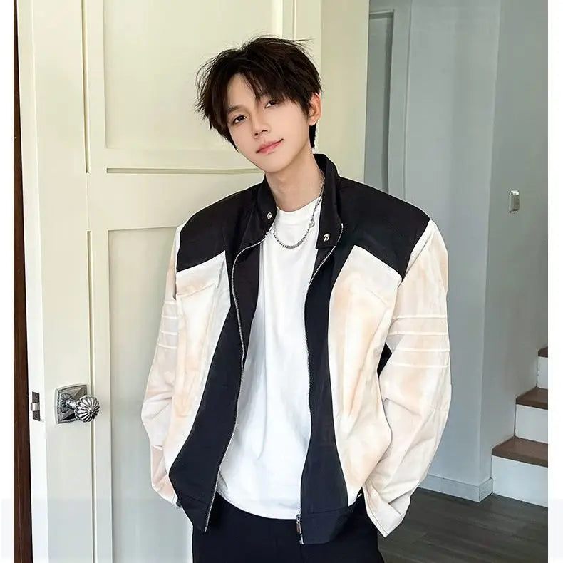 Threebooy American High Street Design Contrast Color Old Silhouette Shoulder Pad Jacket Men's Hipphop Trendy Handsome Motorcycle Jacket