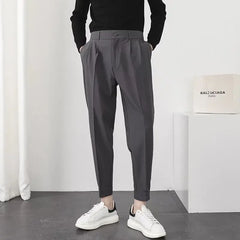 Threebooy  Men Casual Pants Elastic Waist Small Feet Korean Fashion Slim Pleated Tapered Male Blazer Pants Trousers Streetwear
