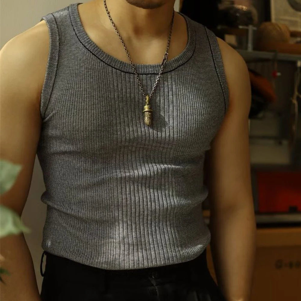Threebooy  Men Streetwear Casual Solid Color Knitted Vest Sports Gym Bottoming Shirt Autumn Essential Ribbed Tank Top Slim Sleeveless Tees