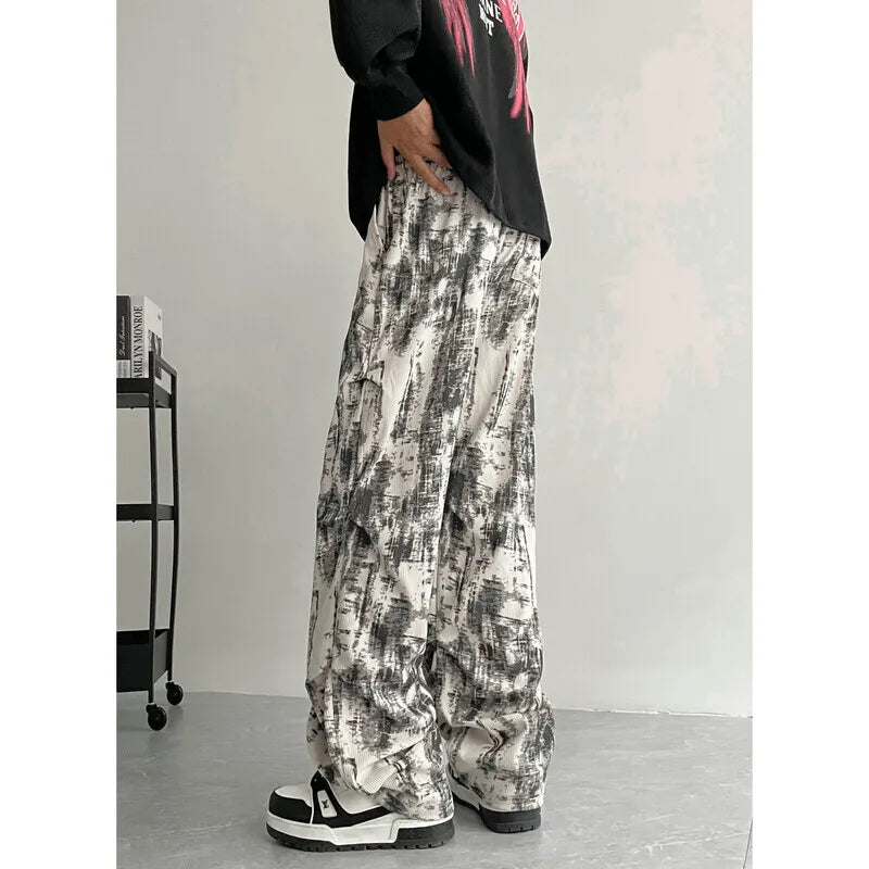 Threebooy Beige Casual Pants Men Fashion Retro Straight Pants Men Streetwear Hip-hop Loose Tie Dye Pants Mens Vintage Trousers M-3XL