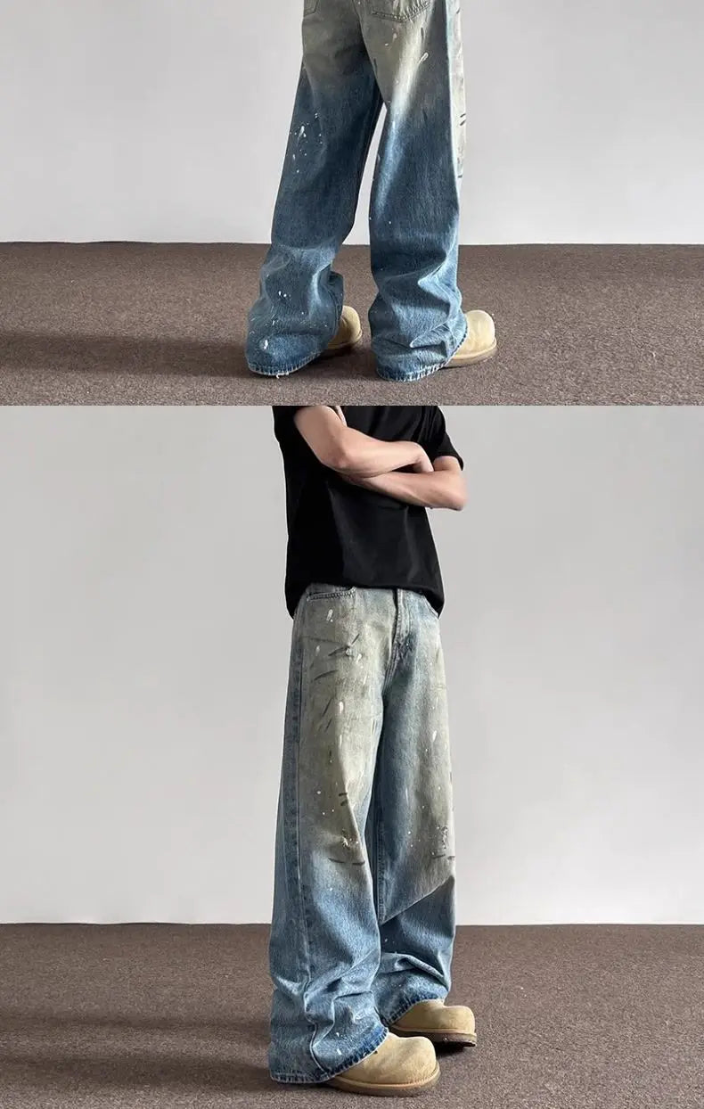 Threebooy Spring and Autumn Men and Women Trendy Personalized Straight Tube Inkjet Laundry Jeans American Couple Loose Retro Casual Pants