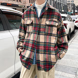 Threebooy Thick Plaid Woolen Coat Men Warm Oversized Retro Thickened Woolen Jacket Mens Streetwear Korean Loose Short Woolen Coat Men