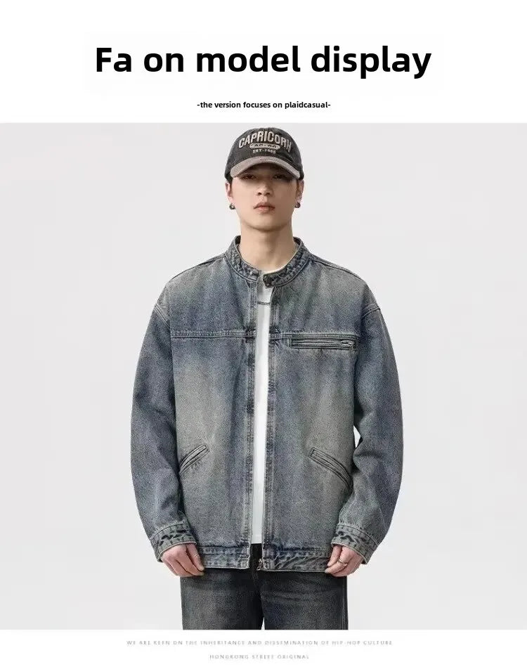 Threebooy Vintage Denim Jacket Men's Loose-Fit High-End Feel American Style Distressed Washing For Autumn Trendy Workwear