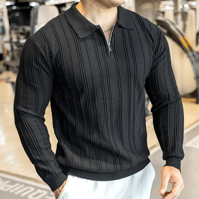 Threebooy  New American Chic Men Polo Sweater Light Luxury Trendy Fitness Knit Solid Color Pullover Leisure Slim-fit Long Sleeve Knitwear
