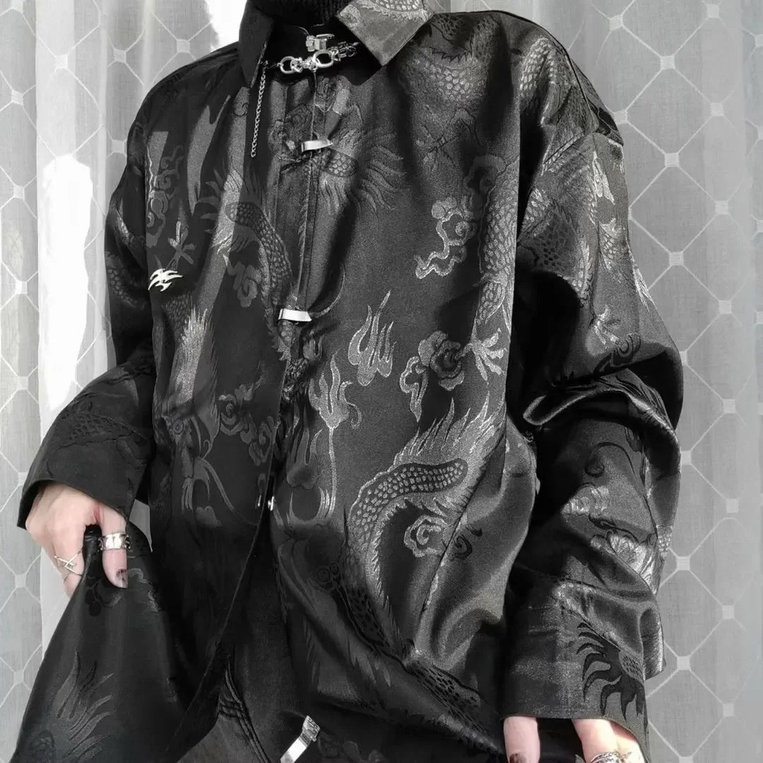 New Chinese Style Dragon Pattern Jacquard Silk Shirt For Men Casual Metal Buckle Dull Black Aesthetic Neutral Loose-fit Shirt