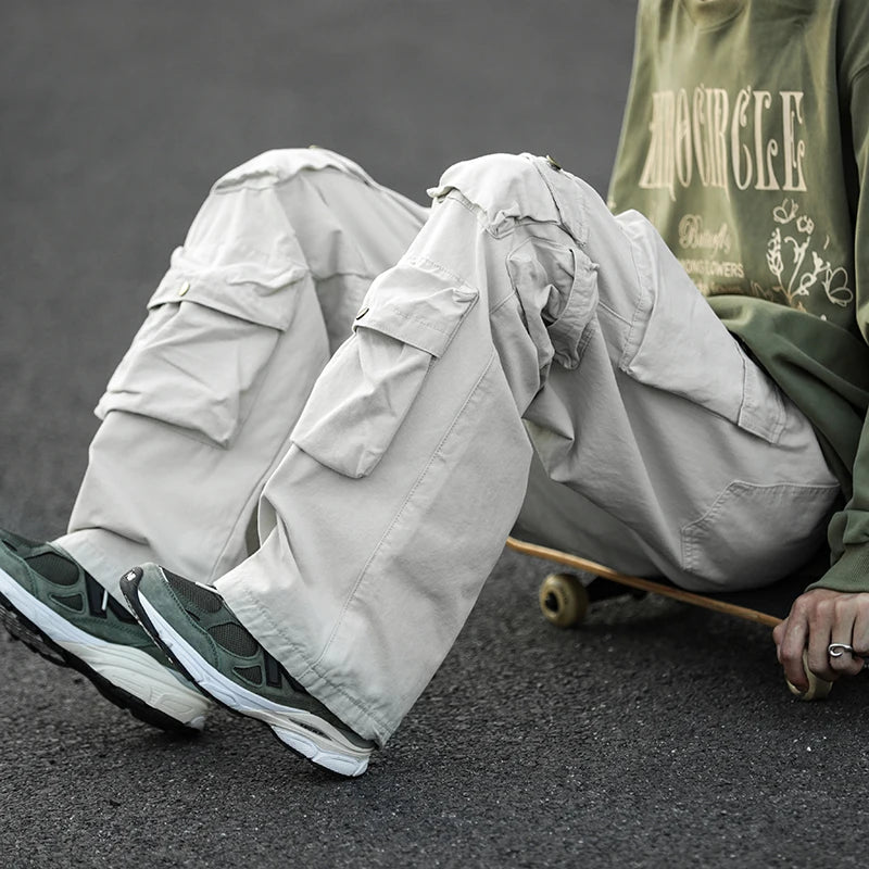 Threebooy  Japanese Multi-pocket Work Pants Men's Autumn Trendy Loose Straight Casual Pants Hip-hop Retro Design Trousers Aesthetic Chic