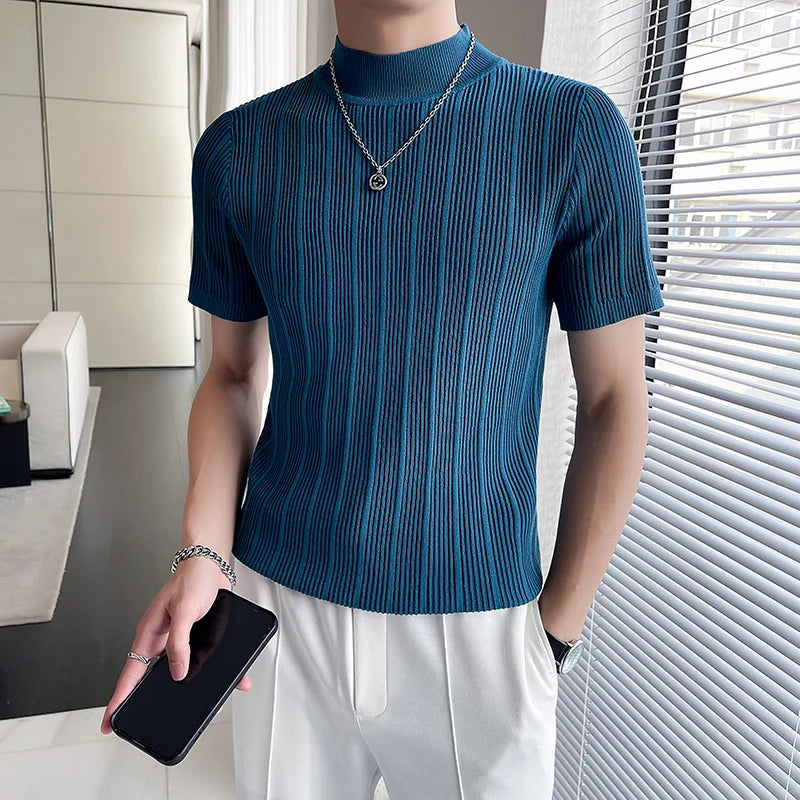 Threebooy  Korean style Tees Men Summer Casual Knit T-shirts/Male slim fit stripe High neck knitting T-shirt 4XL