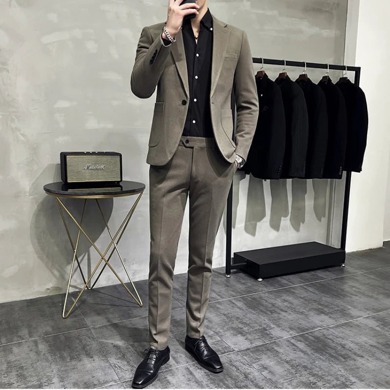 Threebooy Men's Suit Jacket Autumn Slim Fit One Button Blazer Fashion New Formal England Male Plaid Dress Jacket+Trousers 2 Pieces Set