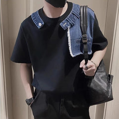 Threebooy  Men Trendy Vintage Denim Patchwork Design Tees Summer Short Sleeve Luxury Chic T Shirt Casual Round Neck Loose Tops Ropa Hombre