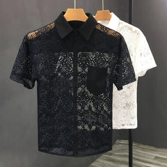 Threebooy Mens Hollow Sexy Lace Short Sleeve Casual Shirt See-Through 2024 New Genderless Fashion Versatile Youth Trend Retro Shirt Unisex