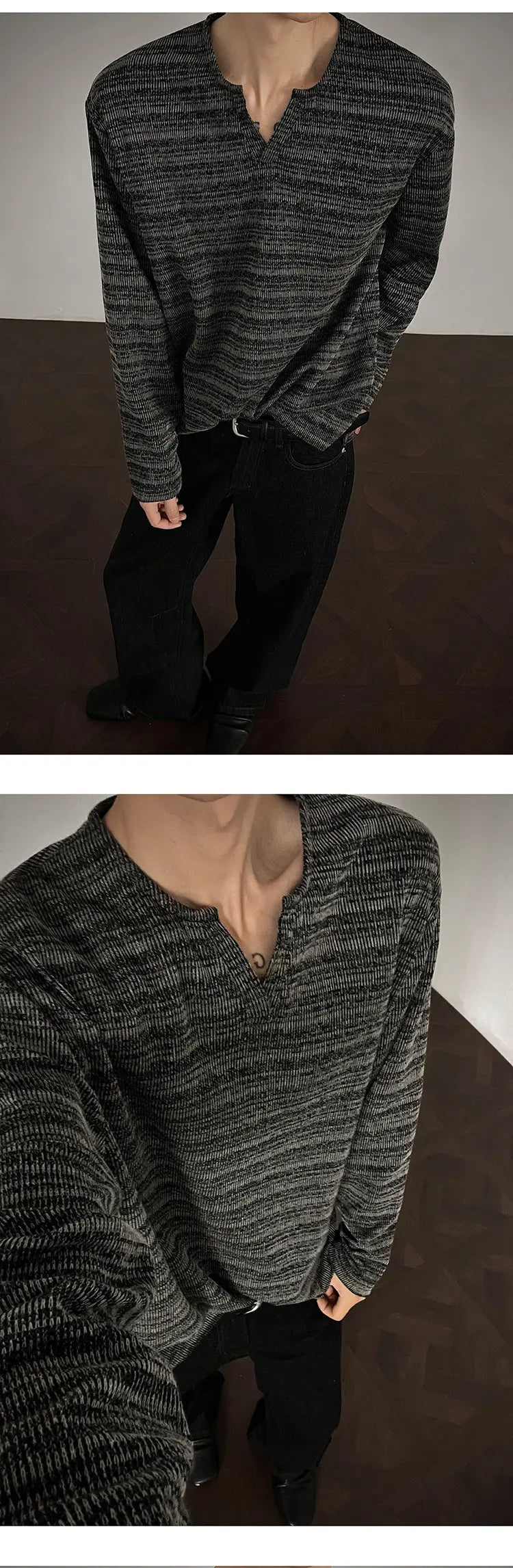 Threebooy 2025 New Fall Mens Long Sleeve Tshirt Soft Comfortable Casual Knitted Shirt V Neck Top Fashion Mens Clothing Teen Boys Clothing