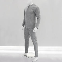 Threebooy  Autumn New Large Men's Solid Henley Shirt Long Sleeve Pants Set Trend Stock