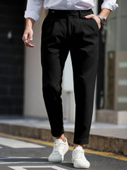 Threebooy  Men's Gurkha High Waist Pleated Cuffed Tapered Cropped Dress Pants 100% Polyester Business Casual Black Trousers