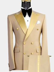 Threebooy  Gold Men Suits 2 Pieces Blazer Pure Pants Double Breasted Tuxedo Modern SatinWide Lapel Wedding Formal Work Prom Causal Tailored